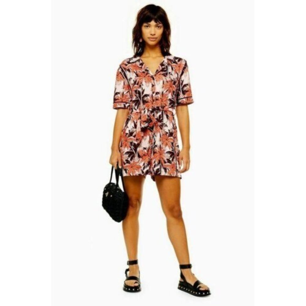 TOPSHOP Romper Jumpsuit Tropical Short Sleeve V Neck Belt Orange Pink Sz 2 NEW